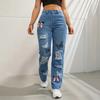 Butterfly Printed Torn Hole Cut Fashion Denim Straight High Waist Clashing Colour Denim Trousers Women's Long Pants