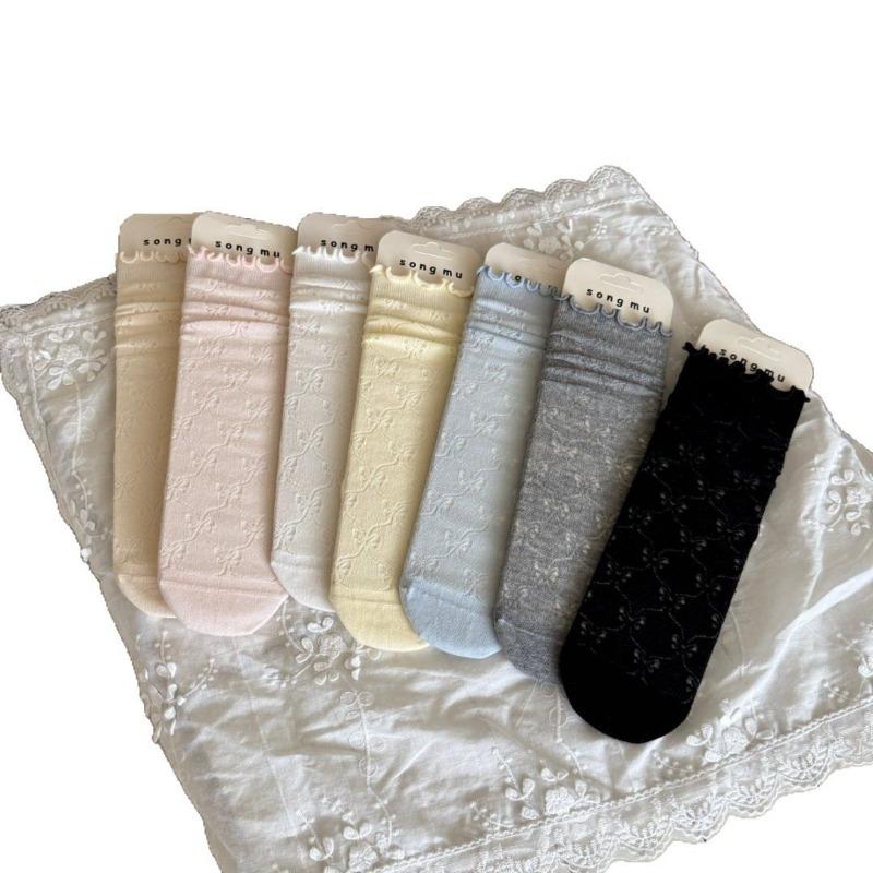 Women's Spring and Summer New Pure Cotton Hollow Bow Breathable Boneless Ear Tube Stack Socks