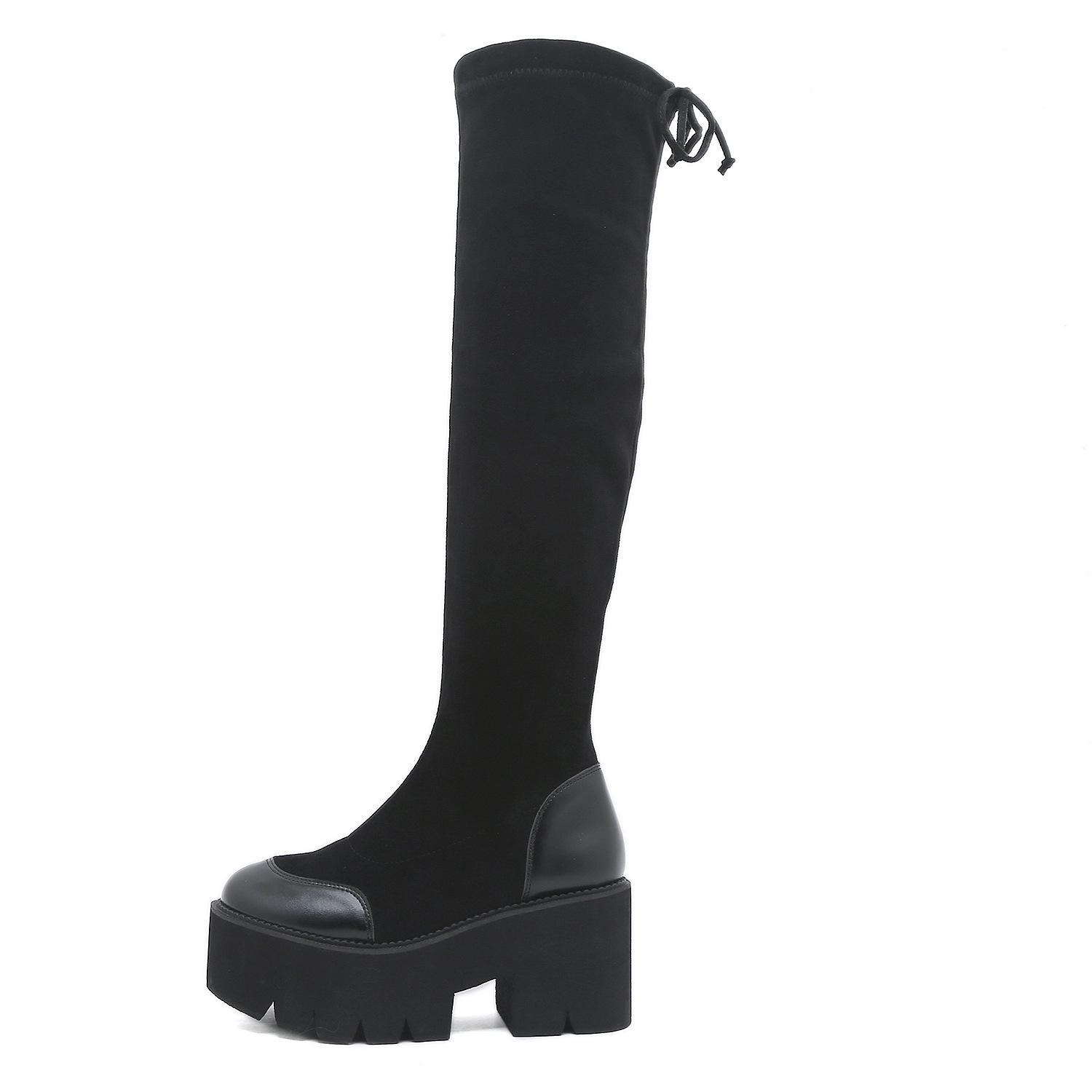 

Весенне-осенние ботфорты с круглым носком на толстой подошве и толстом каблуке, длинные сапоги, облегающие эластичные женские сапоги 43 чёрный