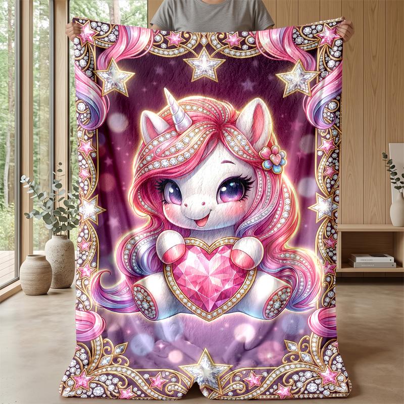 Magical Unicorn with Gem Heart Theme Blanket Lightweight Warm Flannel Blanket Decorative Throw Blanket for Home Decoration
