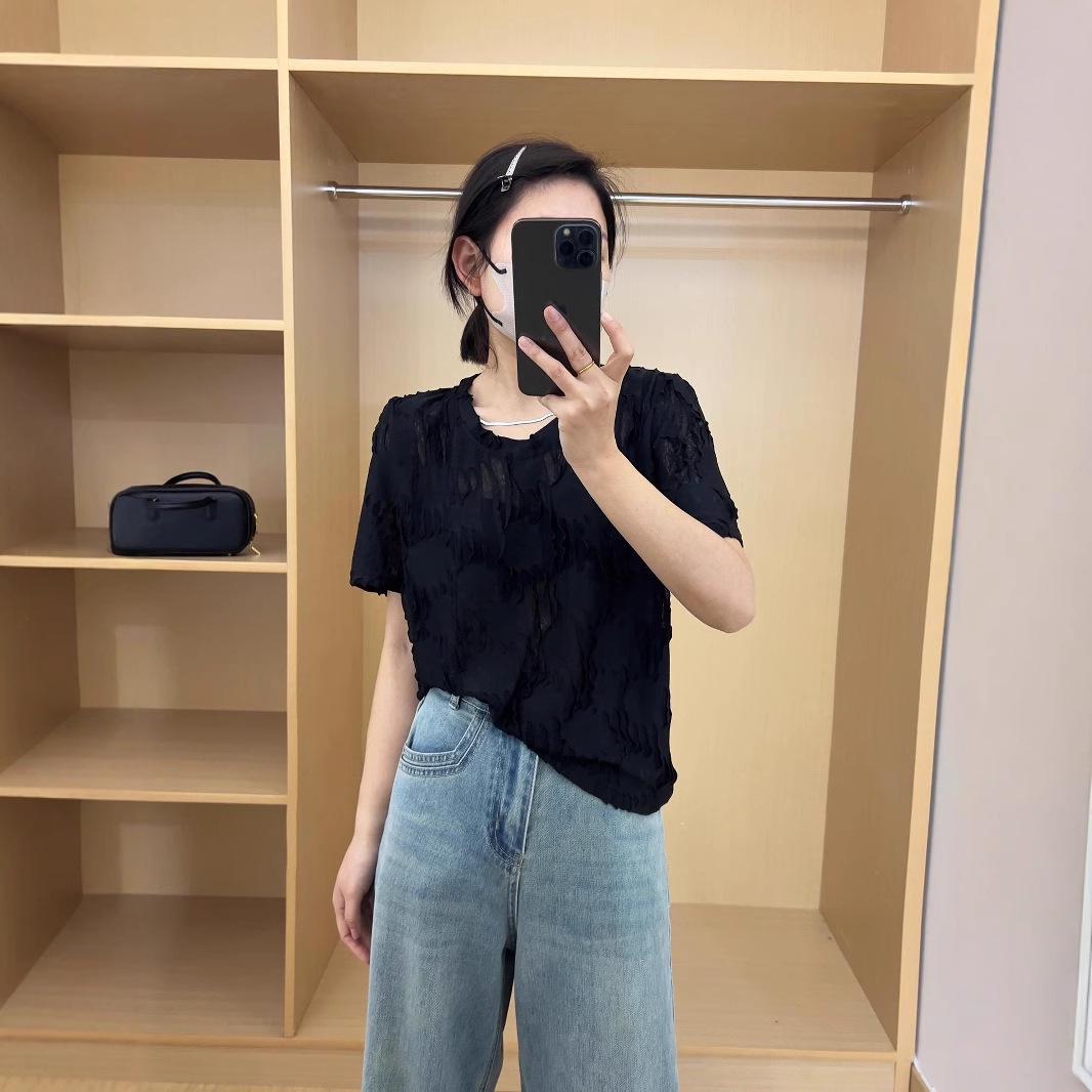 

Niche Irregular Round Neck Sheer Short Sleeve Summer T-Shirt for Women One size (recommended for up to 125 jin) білий