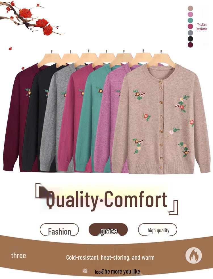 Grandma's Embroidered Knitted Cardigan for Middle-Aged and Elderly Ladies - Spring/Autumn Sweater Jacket for Women.