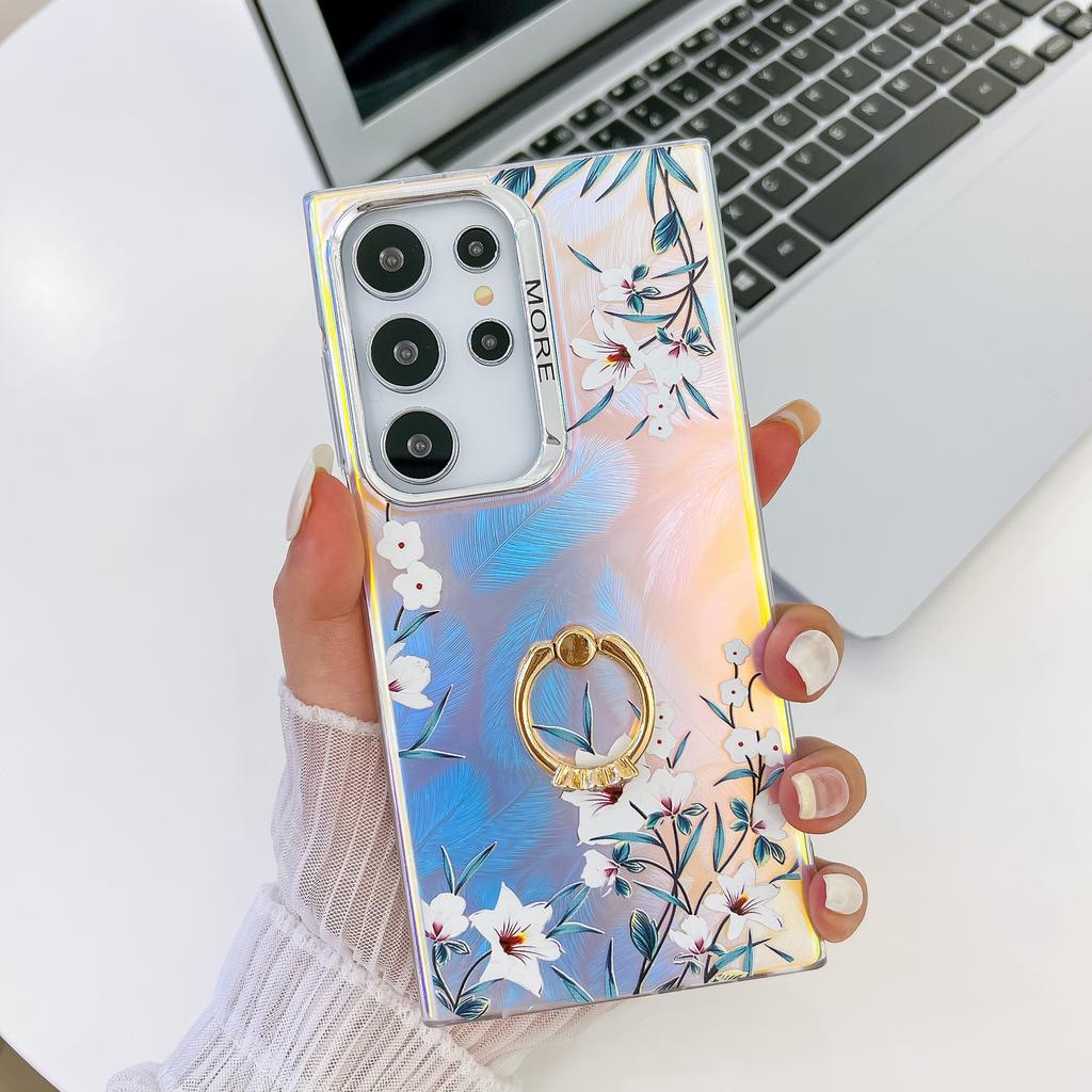 Electroplating Laser Flowers Suitable for Samsung S25 Ultra Mobile Phone Case Ring Bracket S24PLUS Hard Shell A56
