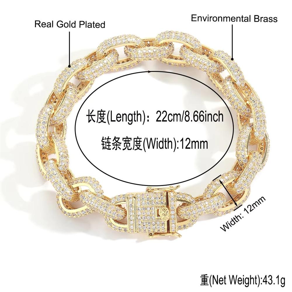 Personalized Hip Hop 14K Gold Plated Jewelry 12mm Bling CZ Iced Out Geometric Oval Shape Link Chain Bracelet for Men
