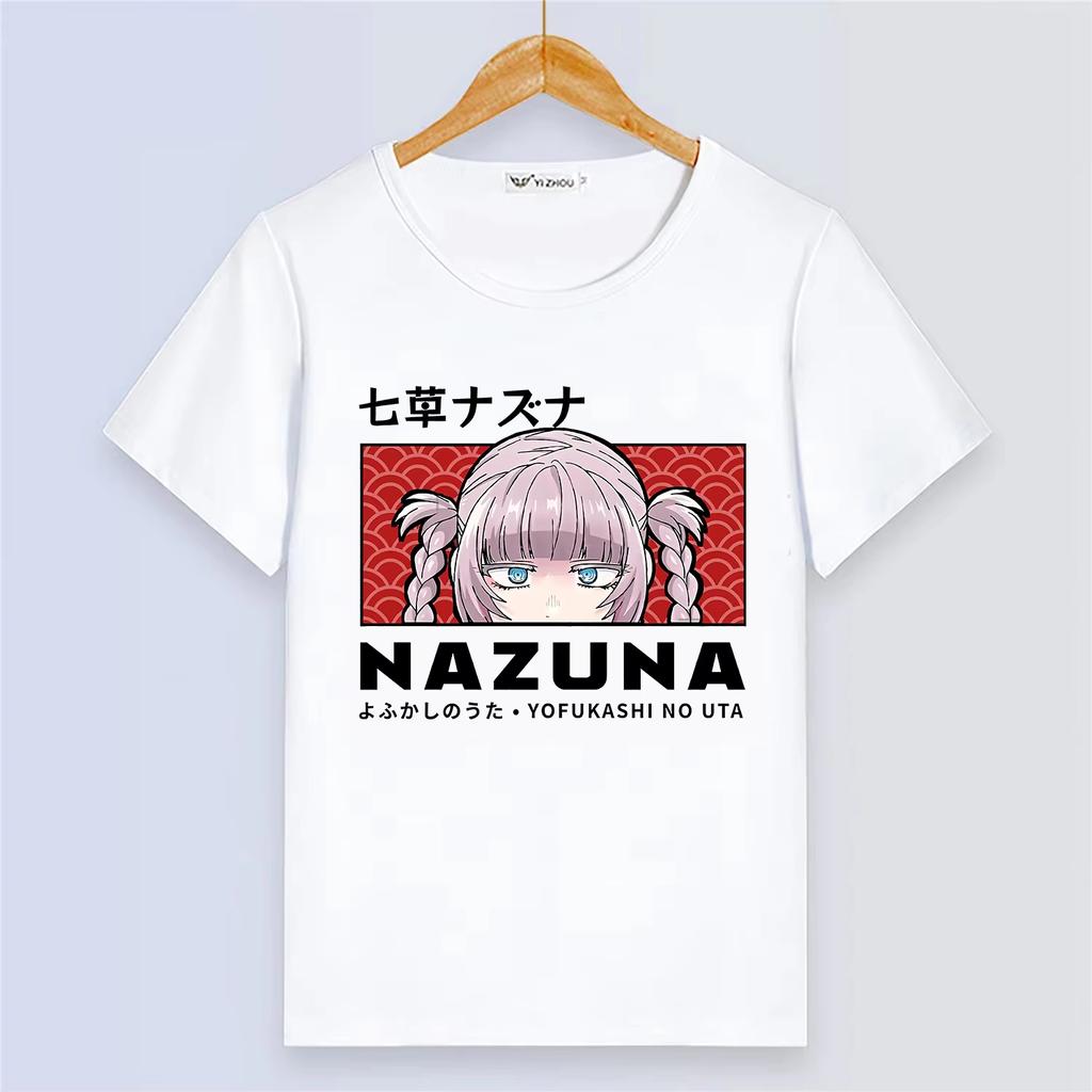 Anime Yofukashi no Uta Summer Short Sleeve Cartoon Print White Breathable Top Women And Men T-Shirt
