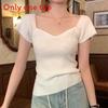 Oversize T Shirt For Women With Square Neck And Embroidery In Pure Color Style For Summer
