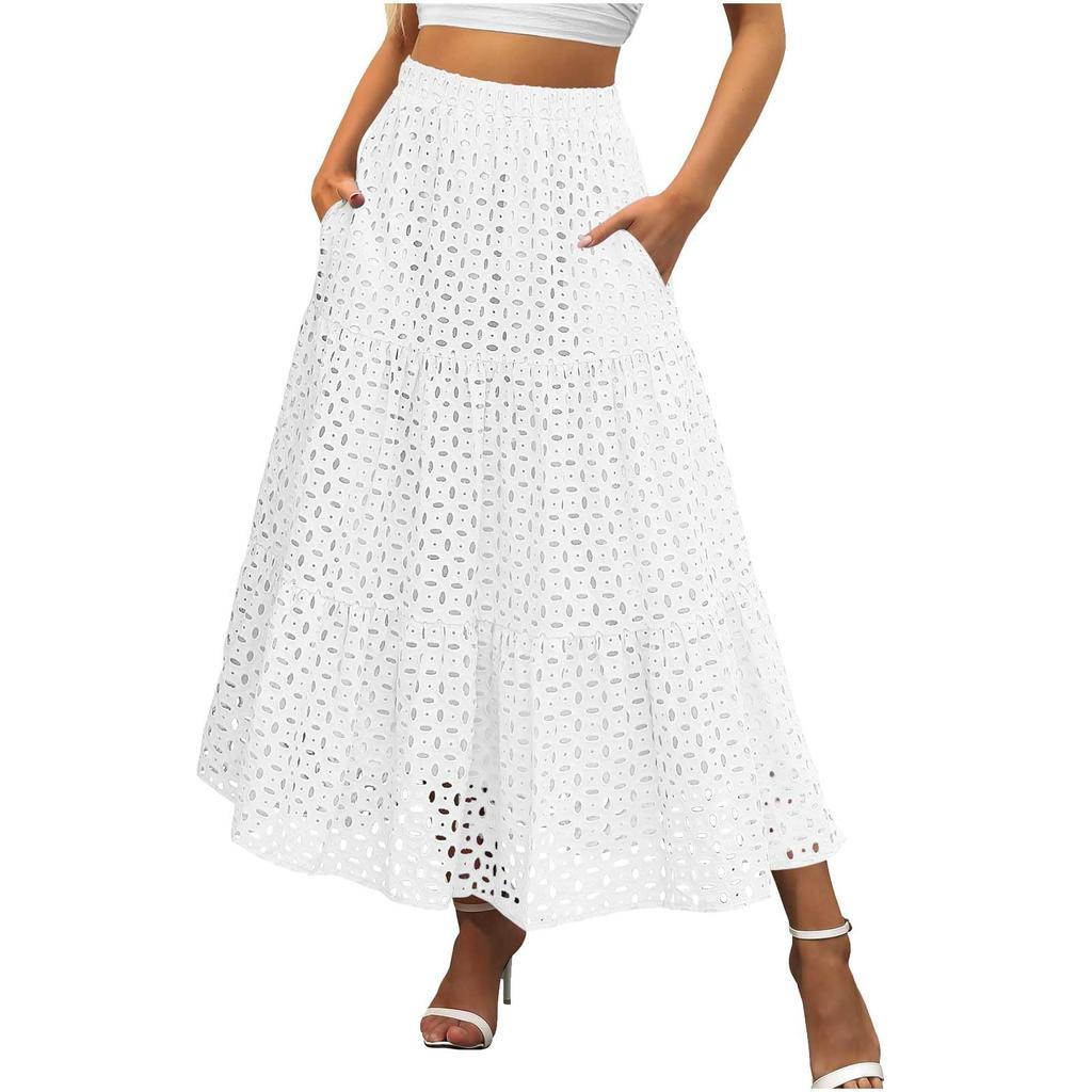 Damen Mode Farbe Bohemian Hohl Hohe Taille A-Linie Tasche Lang Lässiger Halber Rock
