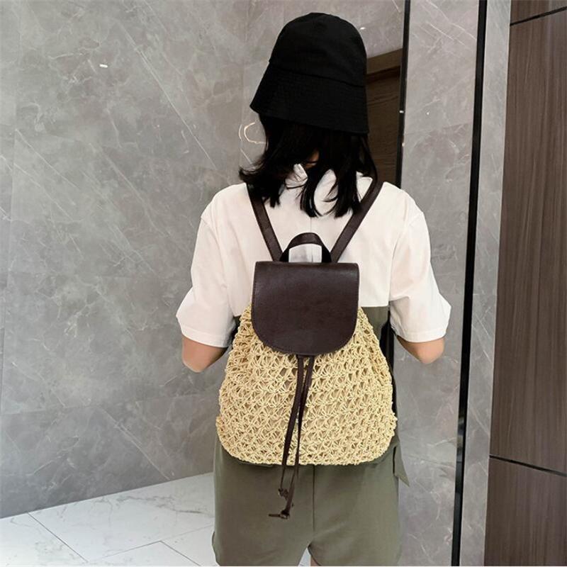 Yogodlns New Women's Backpack Crochet Paper Rope Braided Drawstring Women's Straw Backpack Summer Travel Outing Ladies Woven Backpack