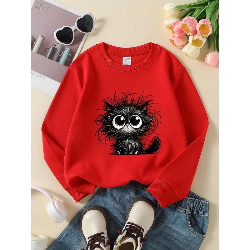 Kids Unisex Crewneck Sweatshirt, Cute Messy Fluffy Black Kitten With Big Eyes Cartoon Print Soft Fleece Pullover For Kids Over 4 Years Old