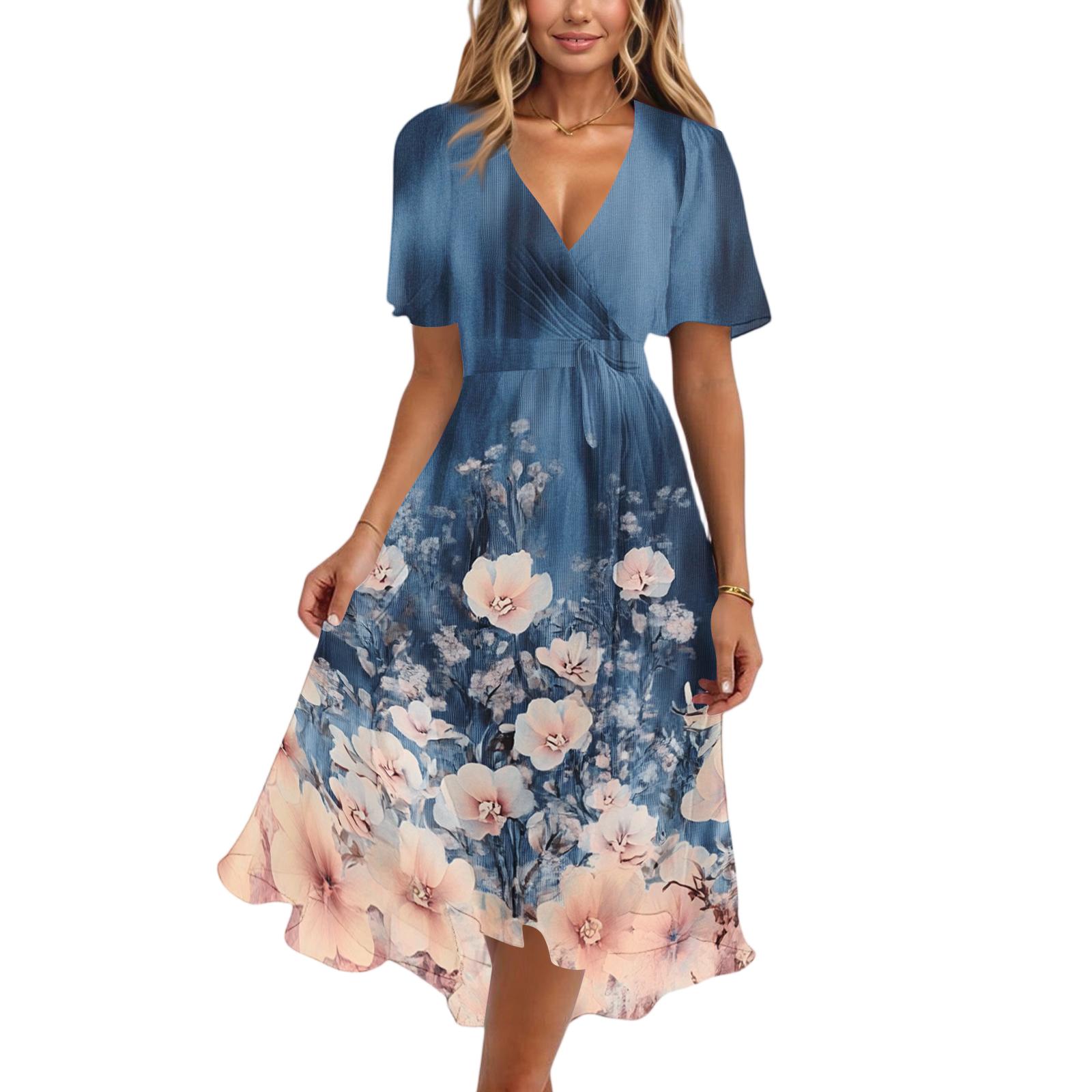 

Women’s Short Sleeve V Neck Floral Print Midi Dress with High Waist and Flared Hem for Casual or Daily Wear L чёрный