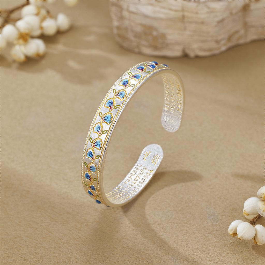 Gold-painted Enamel Flower Vine Heart Sutra Bracelet Opening Adjustment Literary and National Style Fashion Bracelet Solid Accessories