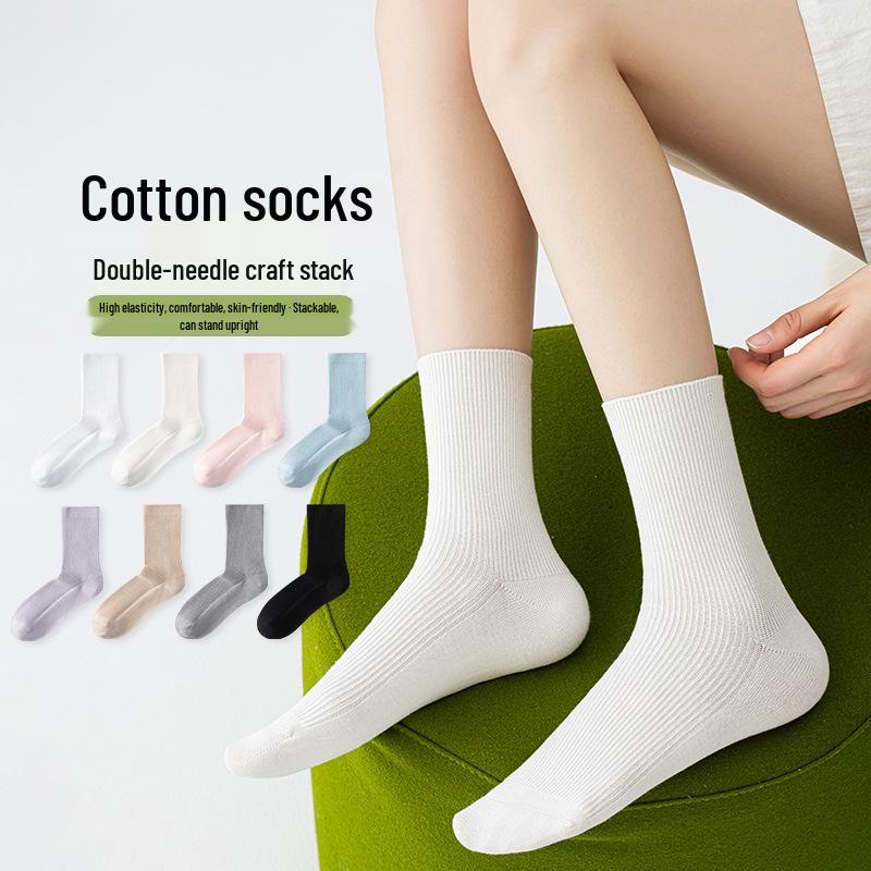 Women's Pure Cotton Mid-Calf Socks - Spring/Summer Style, Double Needle Craft, Solid Color, Seamless Toe.