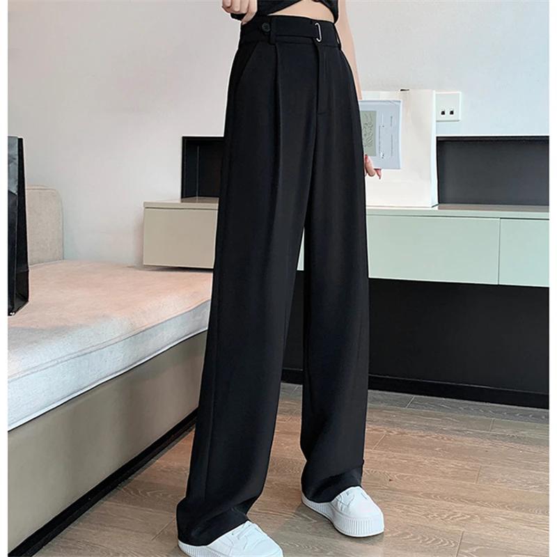 

Seoulish Summer Women s Casual Pants Wide Leg Pants Elegant Office Lady Solid Color High Waist Loose Trousers Female S чёрный
