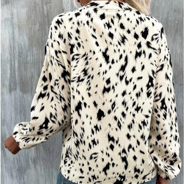QICED Jaro Podzim Módní Polyesterový Pulovr s Leopardím Vzorem Dlouhý Rukáv Výstřih do V Volný Střih Dámská Košile