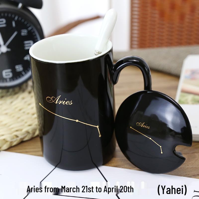 Schwarzes Sternzeichen Keramiktassen-Set - Kreative Kaffeetassen für Paare mit Deckel und Löffel