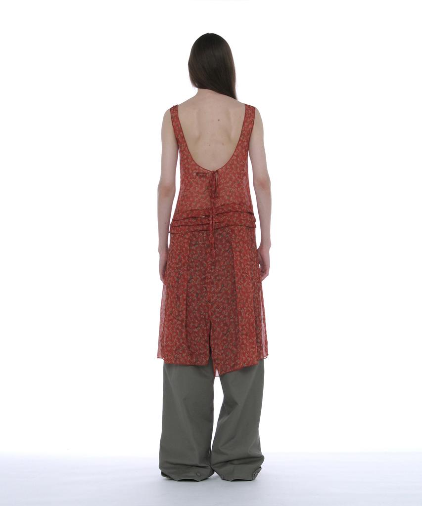 Partimento Woman Floral Pleated Sheer Midi Dress_Red