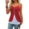 Women Tops V Neck Sleeveless Soft Stretchy Sling T-Shirt Buttons Decor Fake Two-Piece Design Mid-length Tee Shirt Daily Wear