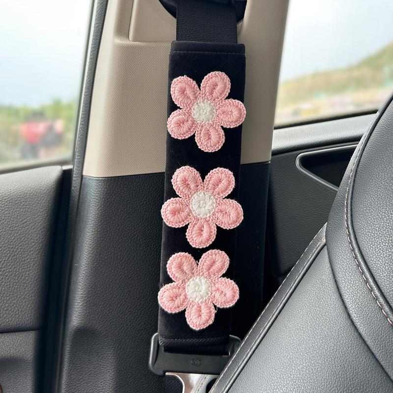 2pc Cute Embroidered Flowers Car Seatbelt Cover Plush Seat Belt Harness Cushion Auto Shoulder Strap Protector Pad for Ladies