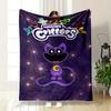 A purple cartoon critter with a "C" emblem, surrounded by smiling critters. for all seasons blanket lunch break throw gift