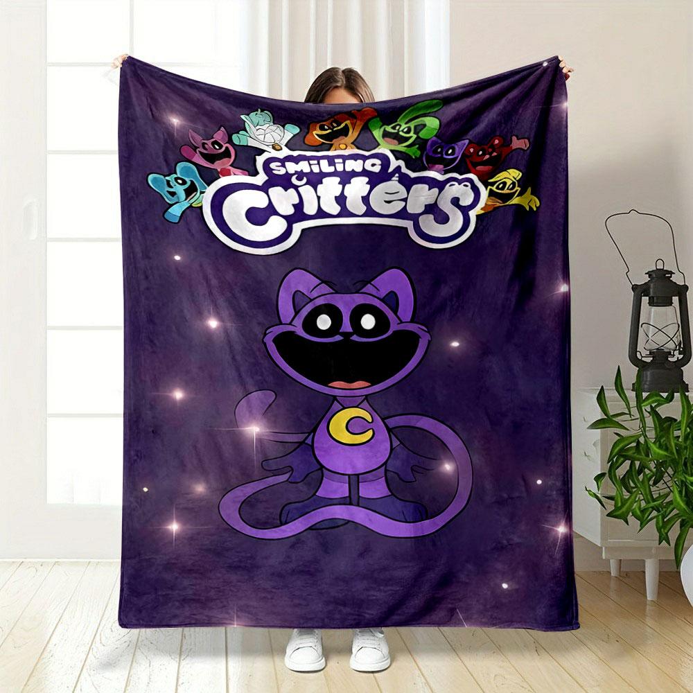 A Purple Cartoon Critter with a  C  Emblem, Surrounded by Smiling Critters. for All Seasons Blanket Lunch Break Throw Gift 75X95CM