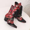 2025 Plus Size Peacock Printed Floral Fabric Patchwork Patent Leather Lace Up Women's Short Boots Belt Buckle Flower Ankle Boots