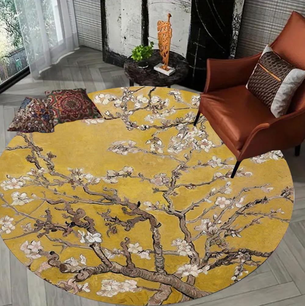 Vintage Floral Print Round Rug Classic Art Print Soft & Non-slip Home Art Decoration Light Luxury for Living Room Bedroom Boho