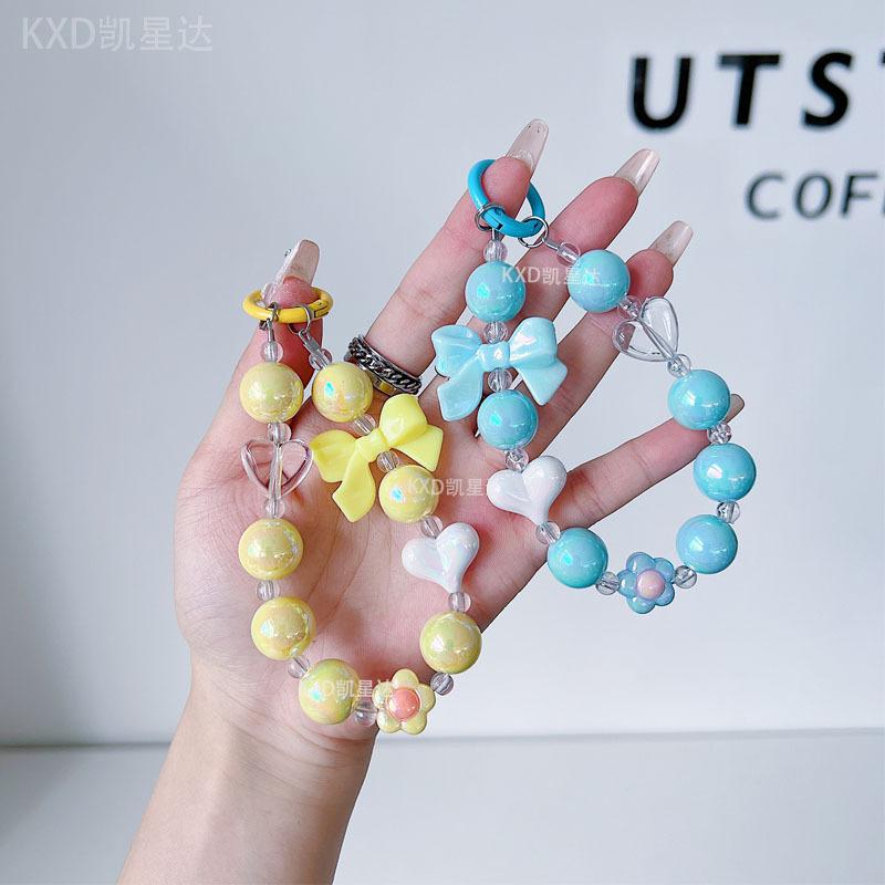 Trendy INS Solid Color Heart Bowknot Beaded Lanyard Universal Phone Case DIY Camera CCD Keychain Bracelet