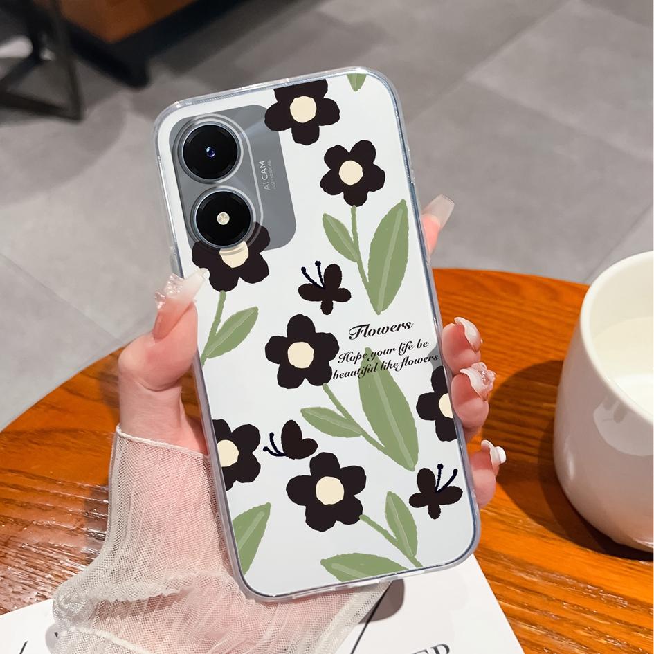 Étui de téléphone pour Vivo Y27 Y15 Y21 Y20 Y36 Y33 Y02S Y10, coque arrière de luxe antichoc, sac de téléphone Transparent mat en Silicone souple, fleur pour Vivo pare-chocs