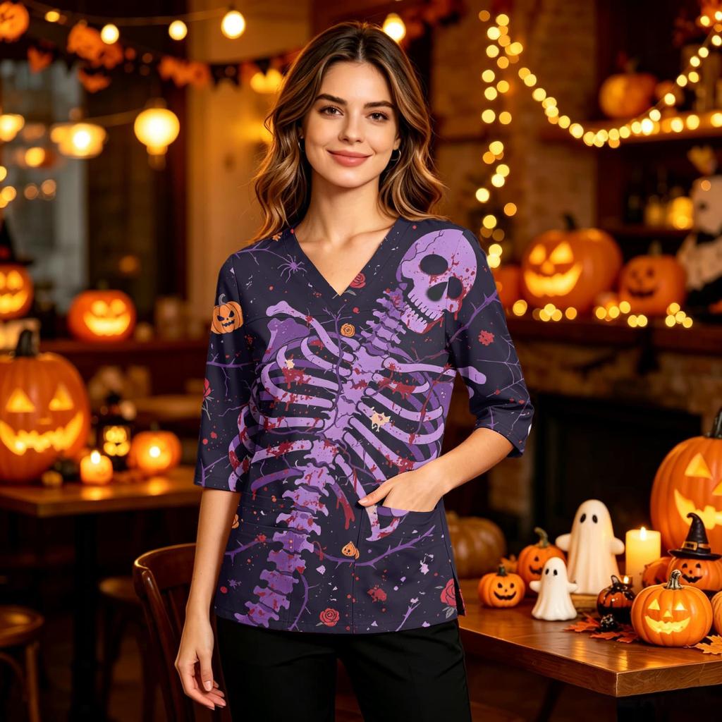 Women's Uniform with V-Neck and Pockets, Side Slit, Three-Quarter Sleeves, Halloween Print