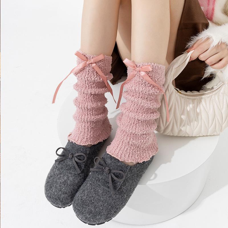

1Pair Plush Versatile Stacked Socks Calf Leg Cover Thick Skin-friendly Bow Tie Soft Cotton Sock Cover Comfortable Warm Fashion розовый