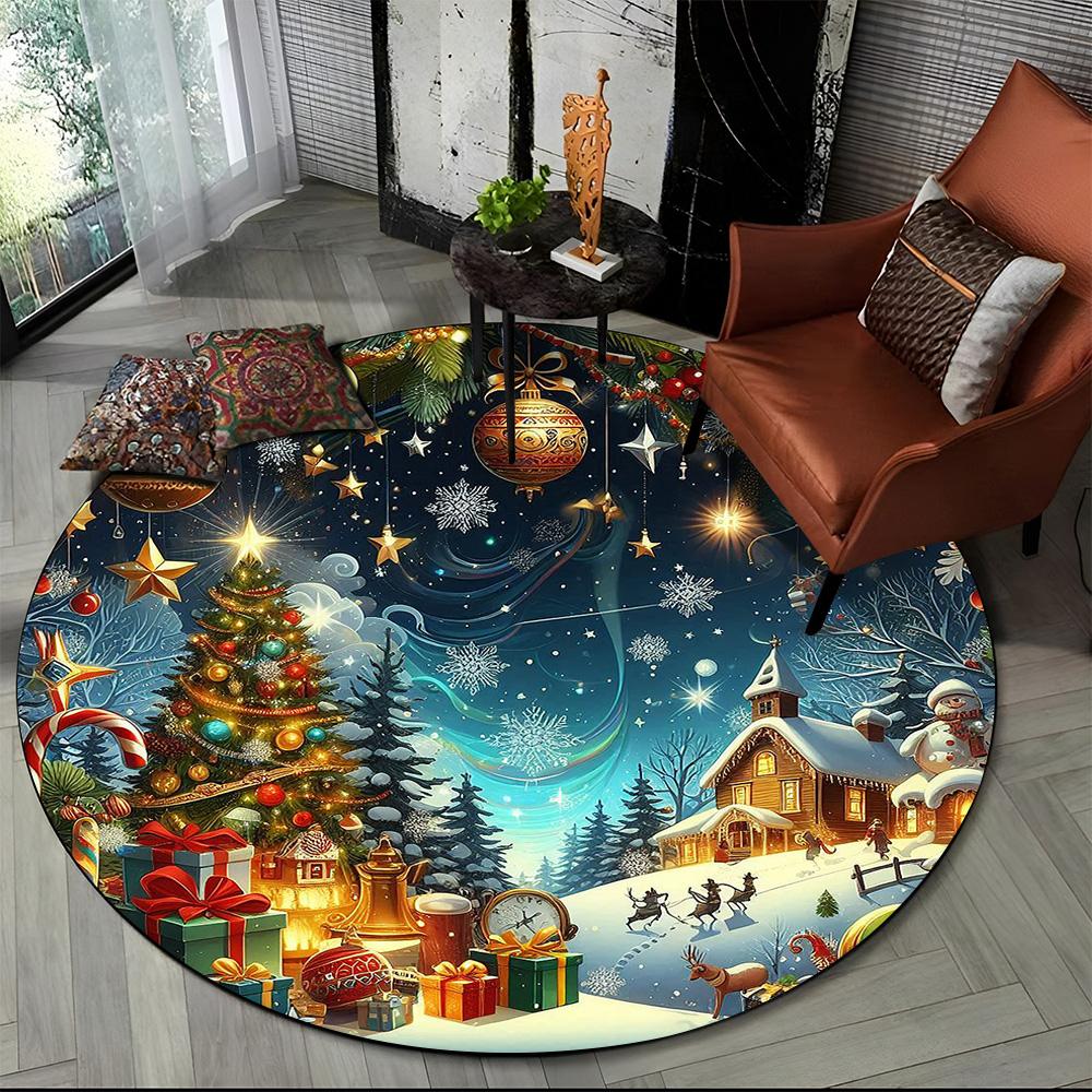 Cartoon Santa Claus Merry Christmas Snowman New Year Round Carpet Rug for Bedroom Living Room Sofa Decoration,Decor Floor Mat