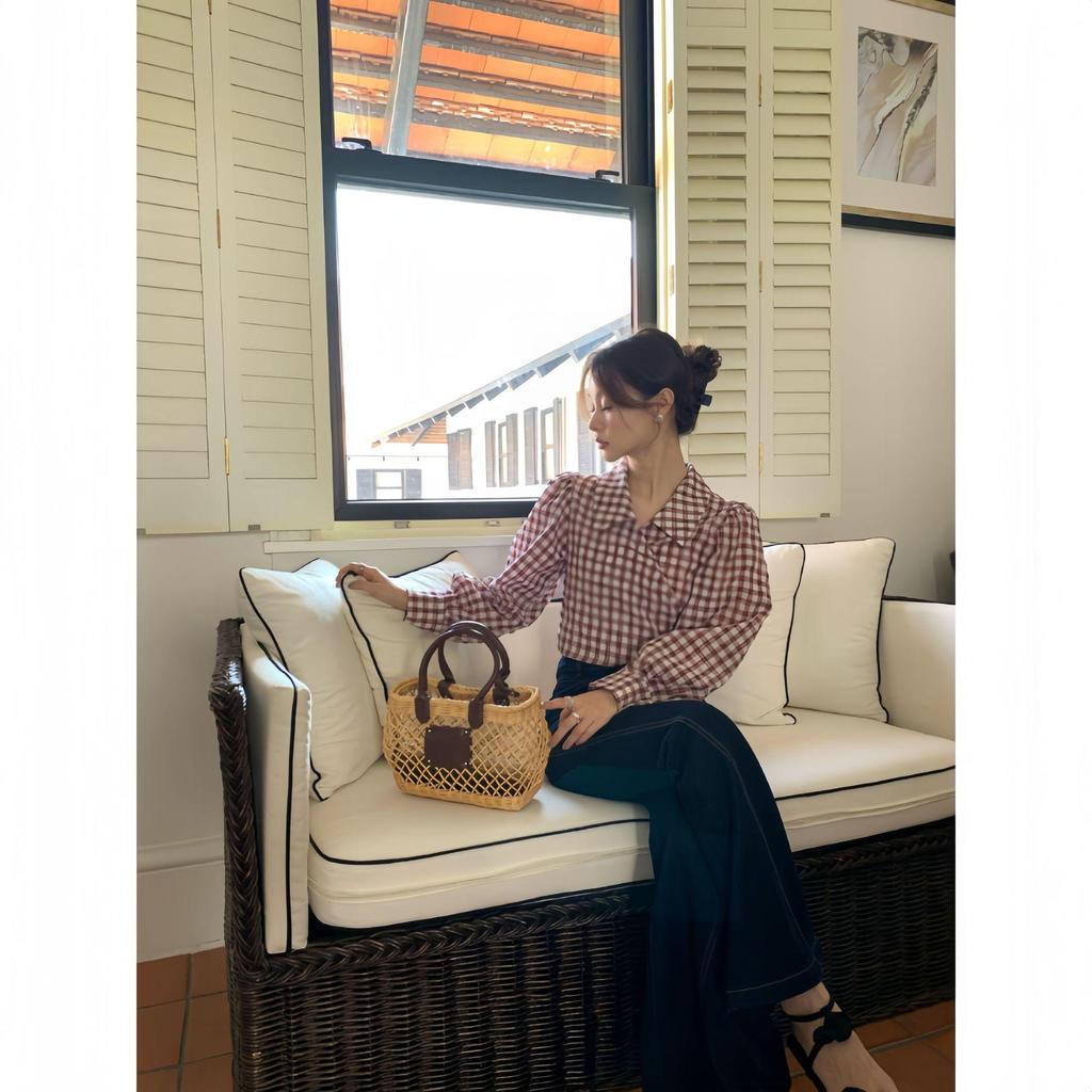 Interpret Beauty 2025 Early Spring French Retro Gingham Puff Sleeve Tie-Waist Women's Shirt