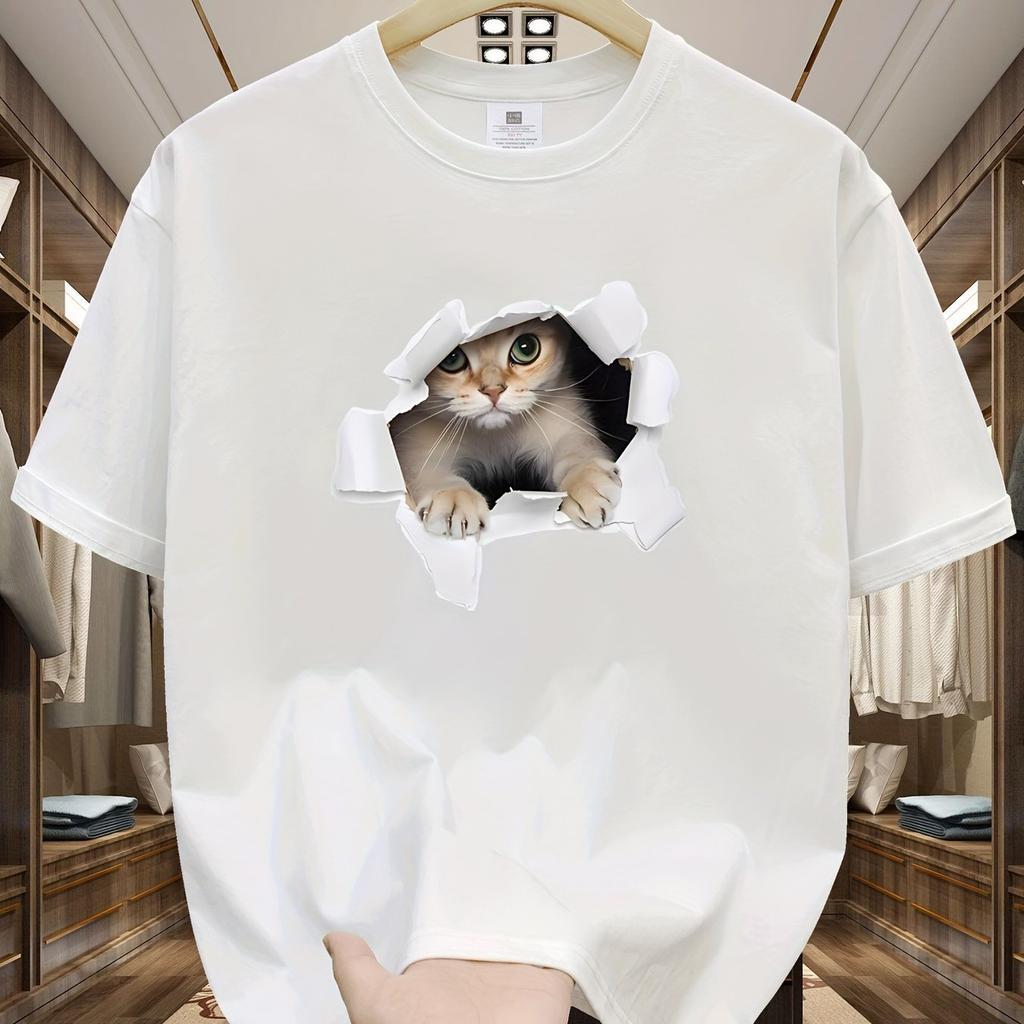 Unisexs Summer 100 Cotton 3D Cat Graphic Printed Fashion Sports and Leisure Loose Round Neck Short Sleeve Tshirt Top