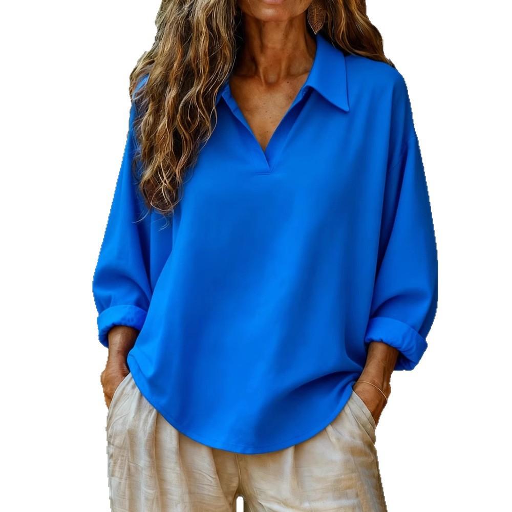 Women's Amazon Spring Shirt Collar Long Sleeve Pullover Solid Color Loose Women's Shirt