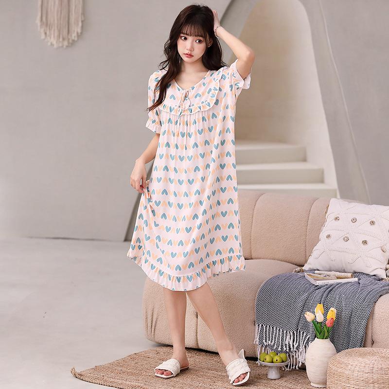 Artificial cotton silk nightdress, lace-up rope, round neck over knee, enlarged long dress, soft, comfortable and breathable, fairy casual style skirt