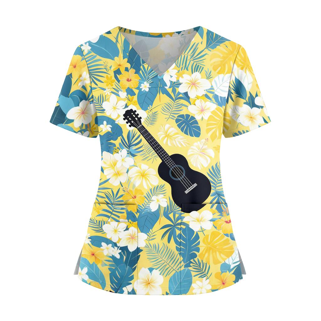 Women's V Neck Medical Scrub Top Hawaiian Print Short Sleeve Side Slit Pockets Nurse Uniform Shirt Lightweight Breathable Fabric