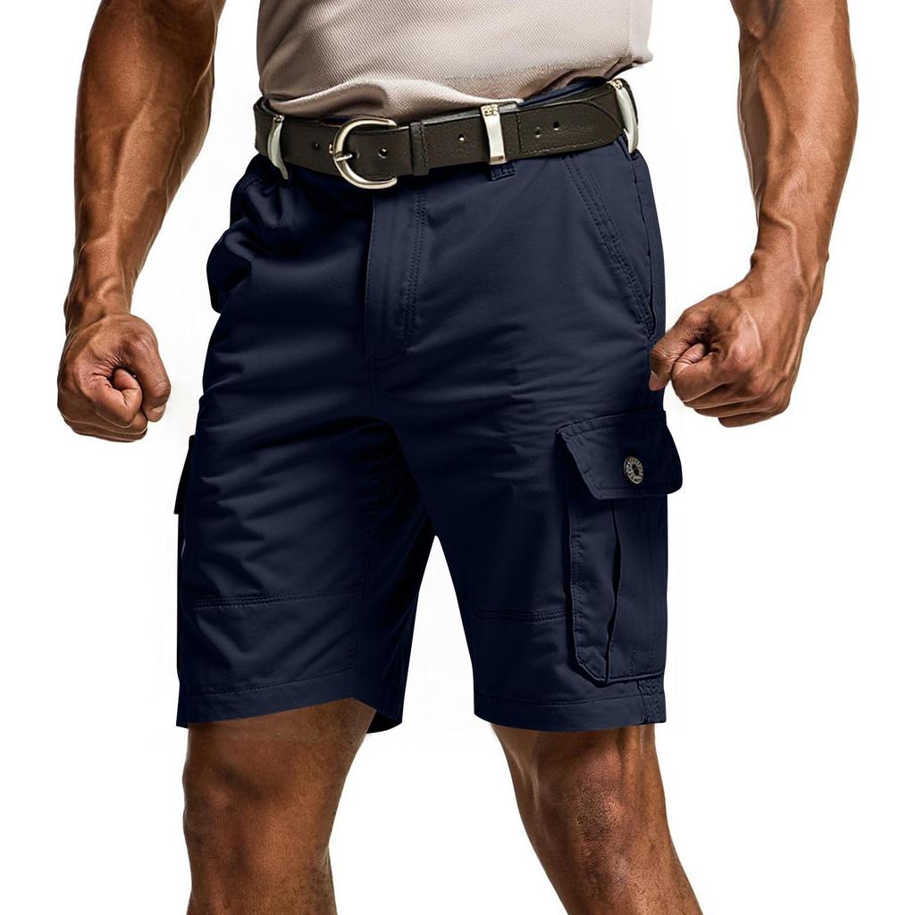 Men's Solid Color Work Pants, Cotton Five Quarter Pants, Retro Washed Multi Pocket Straight Leg Work Pants