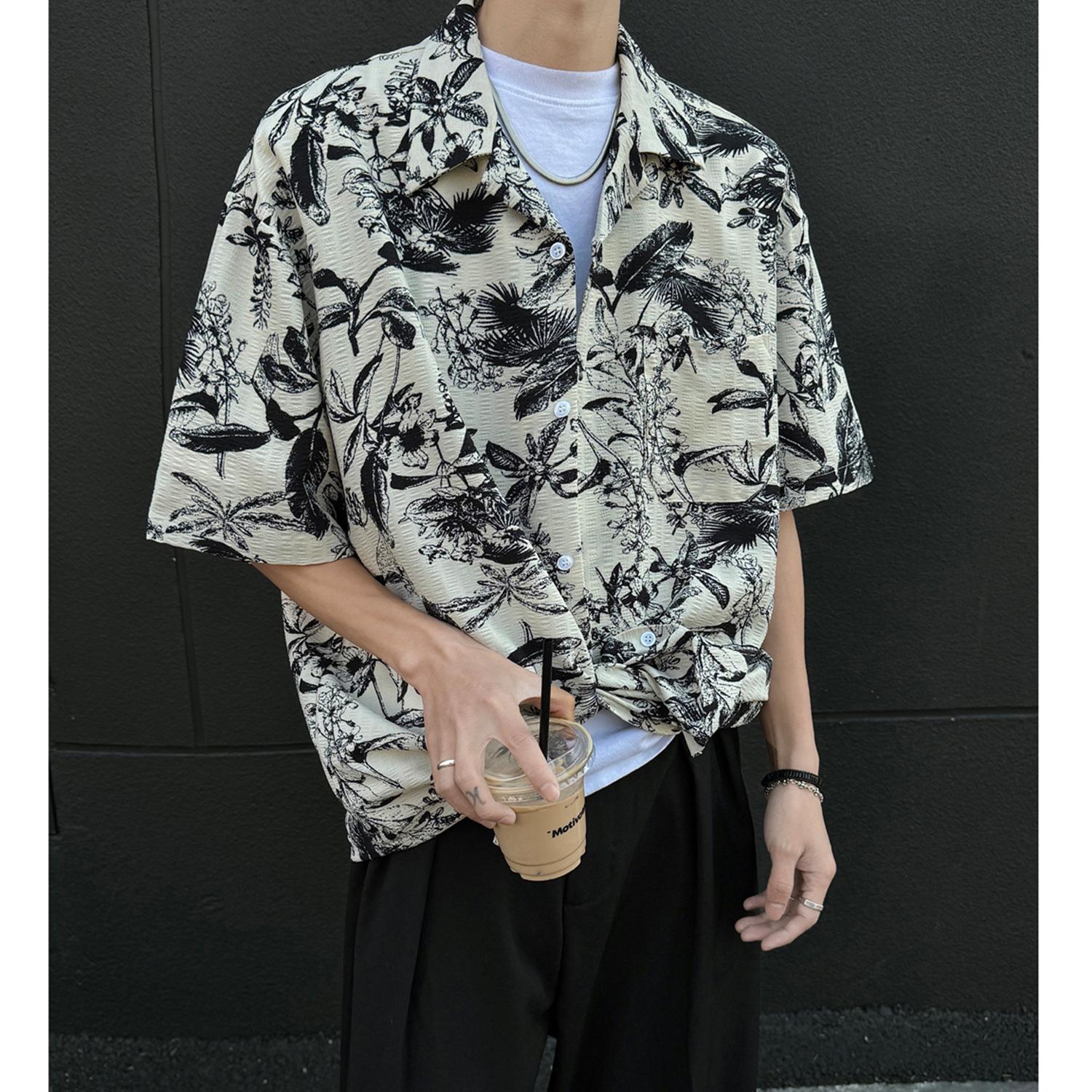 

Унисекс Японско-Гонконгский Стиль Цветочная Рубашка с Коротким Рукавом Ретро Гавайская Пляжная Рубашка L