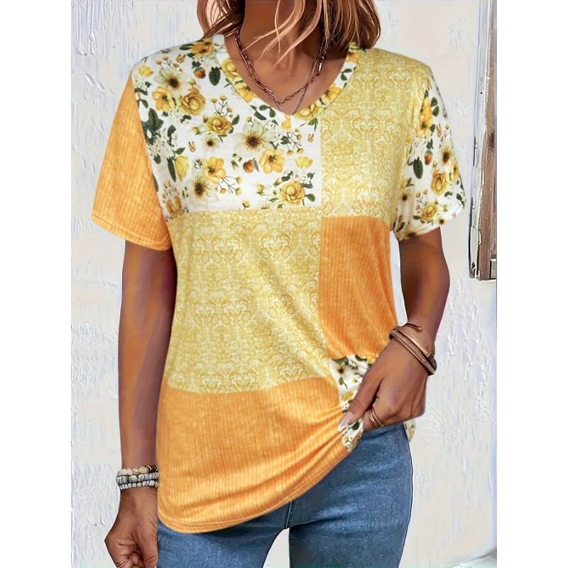 Plus Size Casual Top • Women s Plus Size Patchwork Print Short Sleeve V-Neck Stretchy Top S