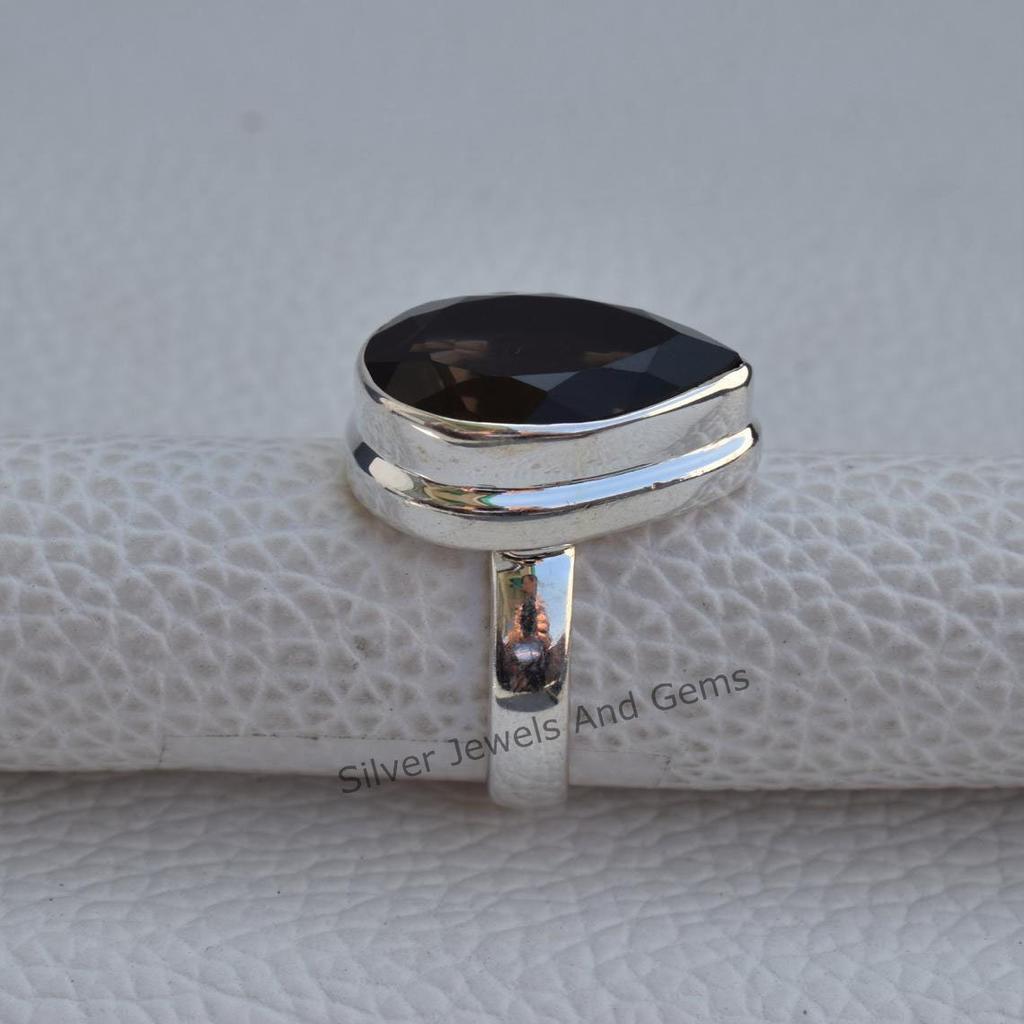 Natural Smoky Quartz Ring, 925 Sterling Silver Ring, Teardrop Smoky Ring, Gift for Her, Capricorn Birthstone Ring, Handmade Ring