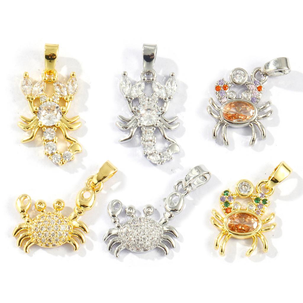 2 PCs Brass Ocean Jewelry Charms Gold Plated Clear Cubic Zirconia Crab Lobster Pendants For DIY Necklace Jewelry Making Findings