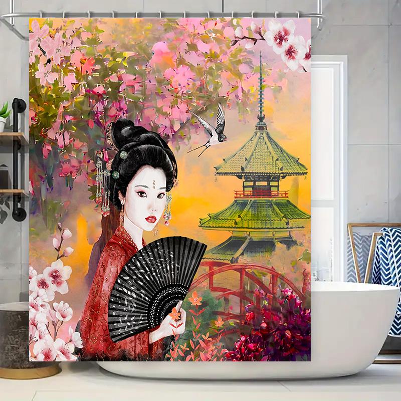 

Luxury Bath Curtain Featuring Asian-Inspired Artwork With Blooming Cherry Blossoms, Pagoda Temple, Red Bridge, Black And White F W60H190(CM)-1 Pcs