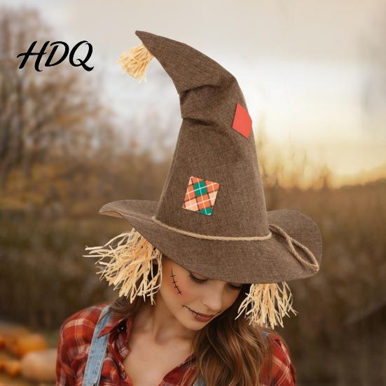 Fashionable Witch Hat Scarecrow Hat Novelty with Straw Halloween Costume Carnival Accessory for Cosplay Party Festival Dress Up Prop Lightweight