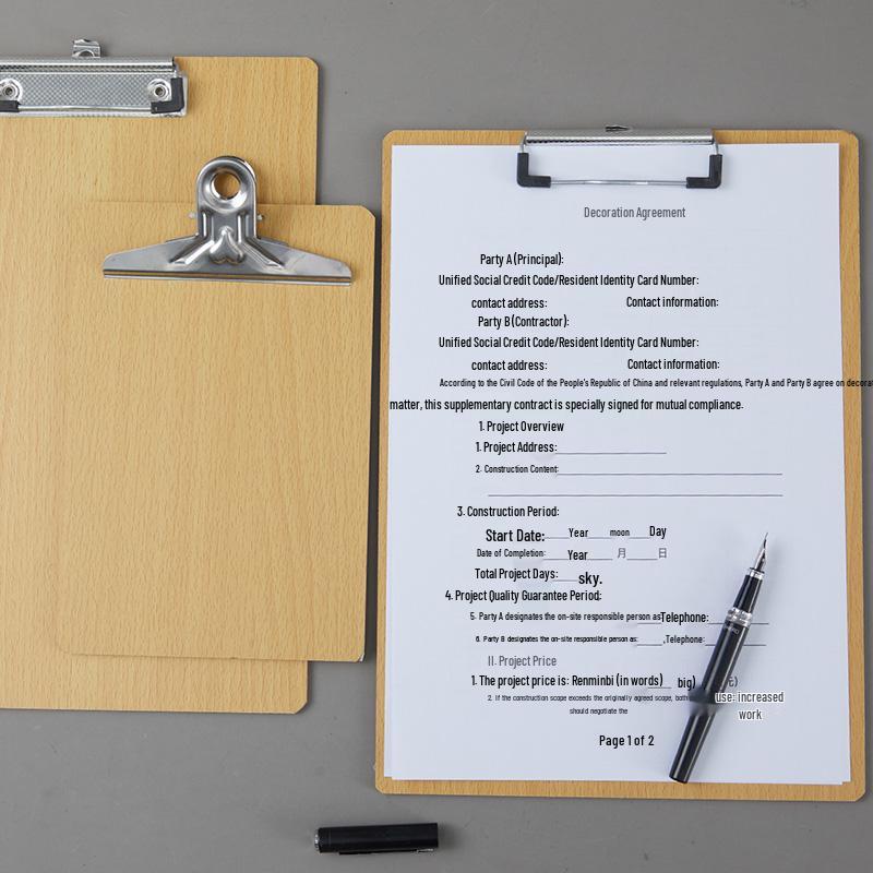 Zestaw 5 drewnianych podkładek z uchwytem na długopis, blokiem do pisania A4/A5 i teczką 16K - idealny do przyjmowania zamówień w restauracji i robienia notatek.