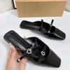 Patent Leather Black Women Flats  Spring Diamond Buckle Strap Big Size Retro Square Toe Luxury  Ladies Mules Shoes