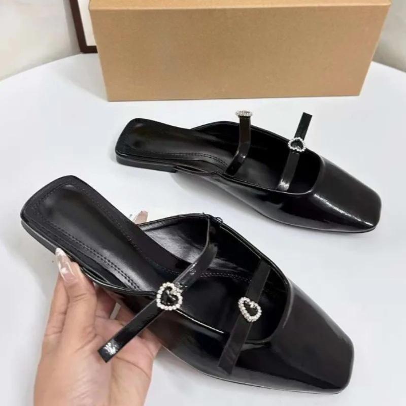 Patent Leather Black Women Flats  Spring Diamond Buckle Strap Big Size Retro Square Toe Luxury  Ladies Mules Shoes
