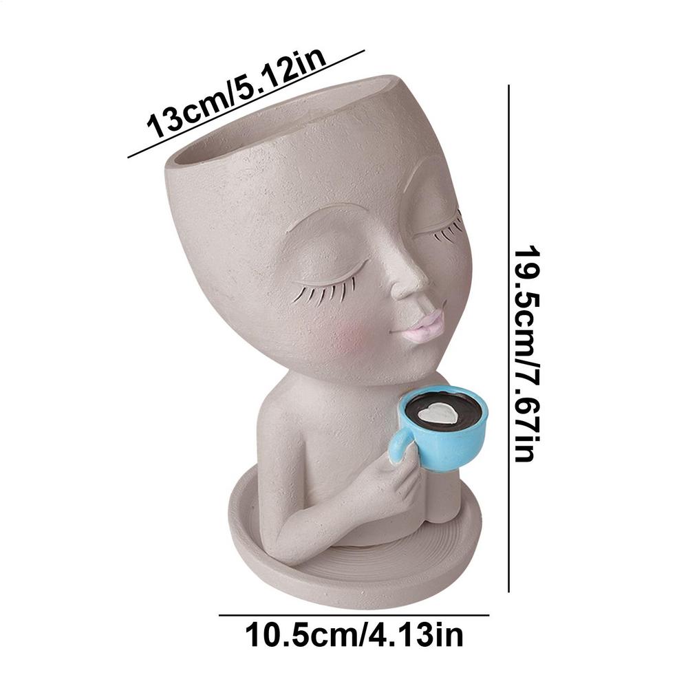 Face Planter Pot Head Coffee Girl Flower Pot Indoor Head Planter With Closed Eyes Resin Material Drainage Hole