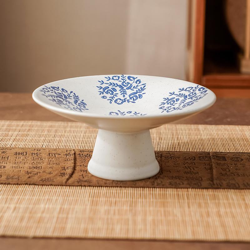 Japanese Ceramic Pedestal Bowl Hand-Painted Blue White Snack Plate Elegant Dessert Stand forTea Minimalist Cake Plate