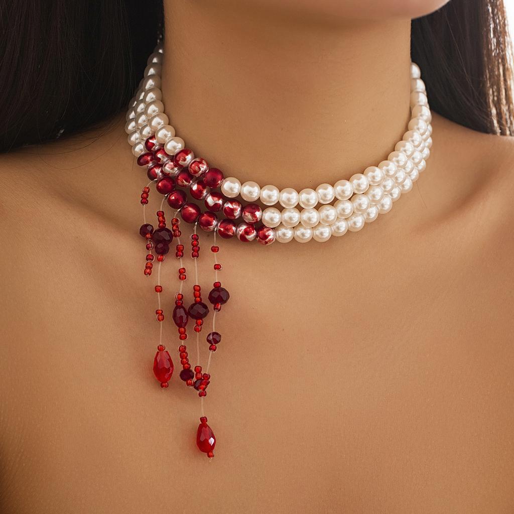 PuRui Gothic Imitation Zircon Necklace With Crystal Beads Tassel Pendant Neck Chain Bloody Choker for Women Girls Party Zircon