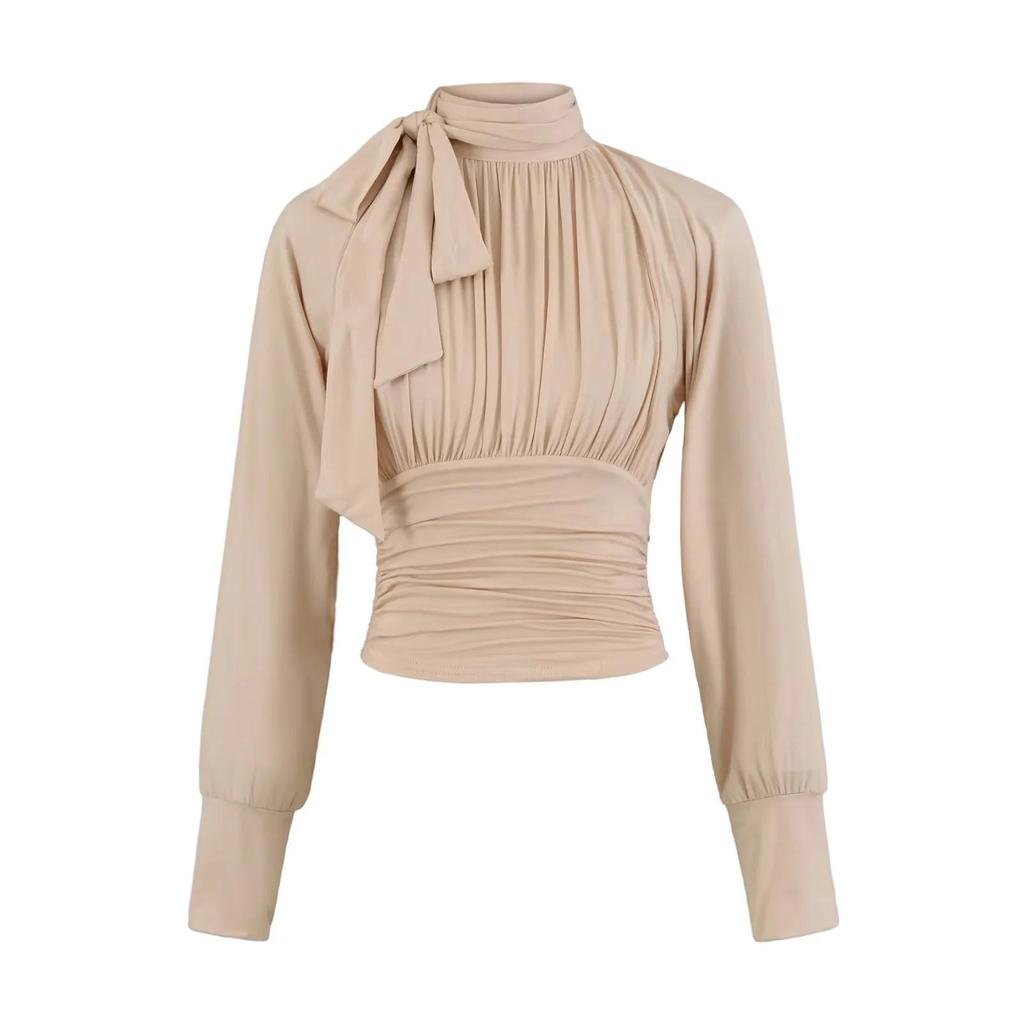 Women's French Retro Tie-Up Slim Fit Cropped Shirt - Stand Collar, Long Sleeve, High Waist (Spring/Autumn)